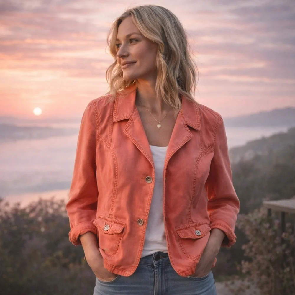 🌸 French Cuff Coral Cotton Blazer Jacket | Women’s Medium